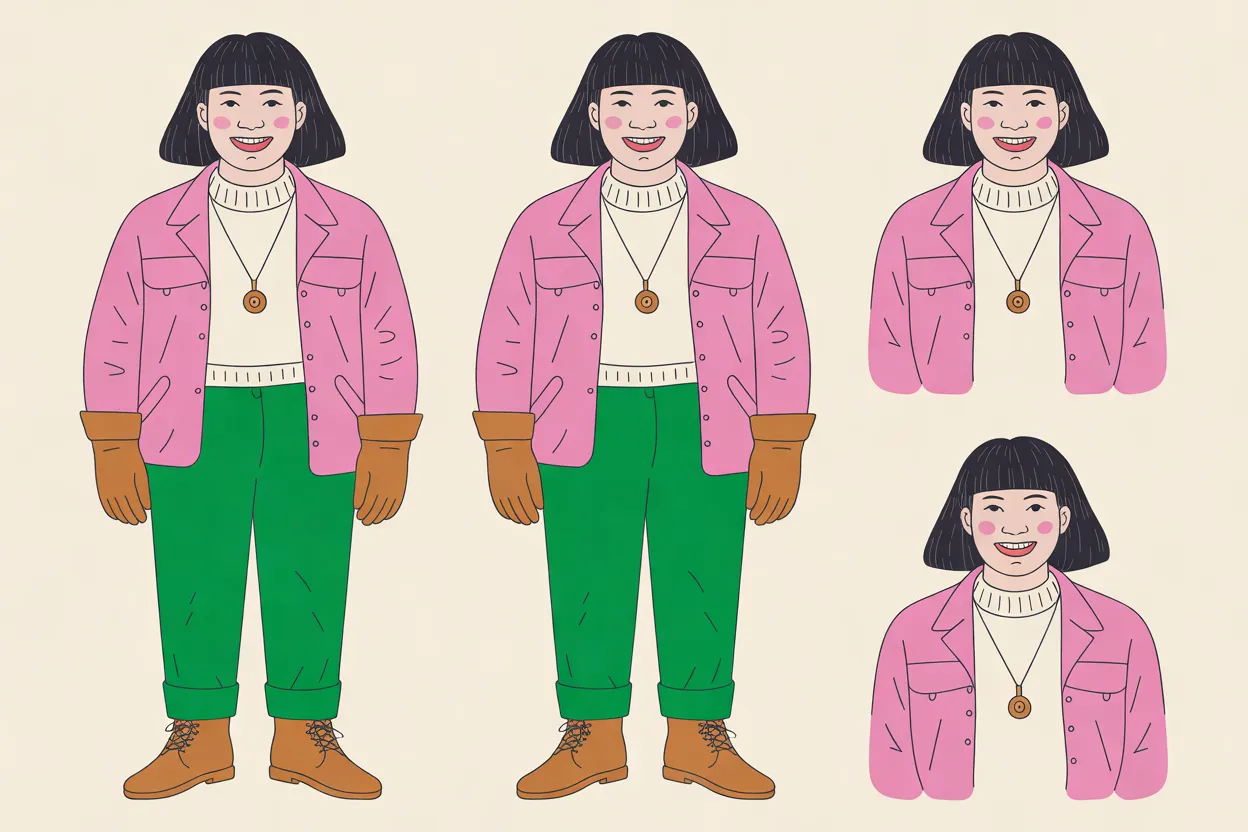 The Balloonist character sheet on a warm cream background: two full-body front views and two head-and-shoulders close-ups of a woman with a black bob with bangs and pink cheeks, in a pink jacket over a cream roll-neck sweater, green trousers with rolled cuffs, brown leather gloves and brown lace-up boots, with a round brass pendant on a cord. She has the same open smile in all four views.