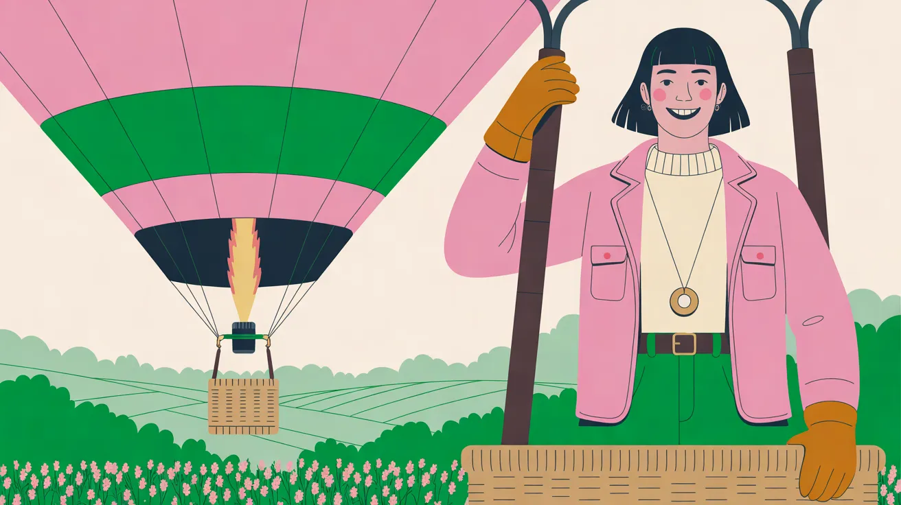 The Balloonist, a woman with a black chin-length bob, bangs, pink cheeks and a wide smile, in a pink jacket over a cream roll-neck sweater, green trousers with a brown belt and brown leather gloves, stands at the right in a wicker basket, one hand gripping a dark upright and the other on the basket rim, a round pendant on a cord at her chest. To the left a hot-air balloon striped in pink and green, with a yellow flame in its dark mouth and a small wicker basket hanging below, floats over pale green fields. Pink clover fills the foreground under a pale cream sky.