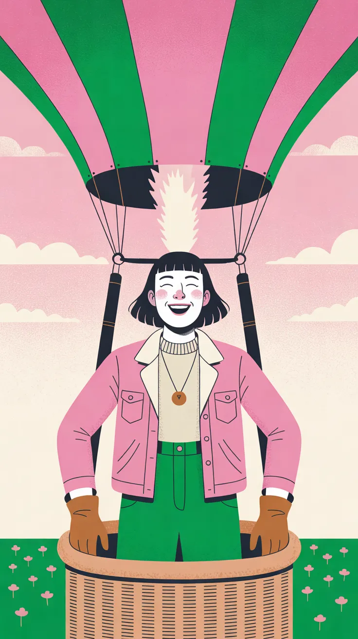 The Balloonist laughs with her eyes closed as she stands in a wicker basket with both brown-gloved hands on its rim; she has a black bob with bangs and pink cheeks and wears a pink jacket with a cream collar over a cream roll-neck sweater, green trousers and a round brass pendant on a cord. Above her a pale flame rises into the dark mouth of a huge balloon striped in pink and green. Behind her are a pink sky with cream clouds and a green meadow dotted with pink flowers.