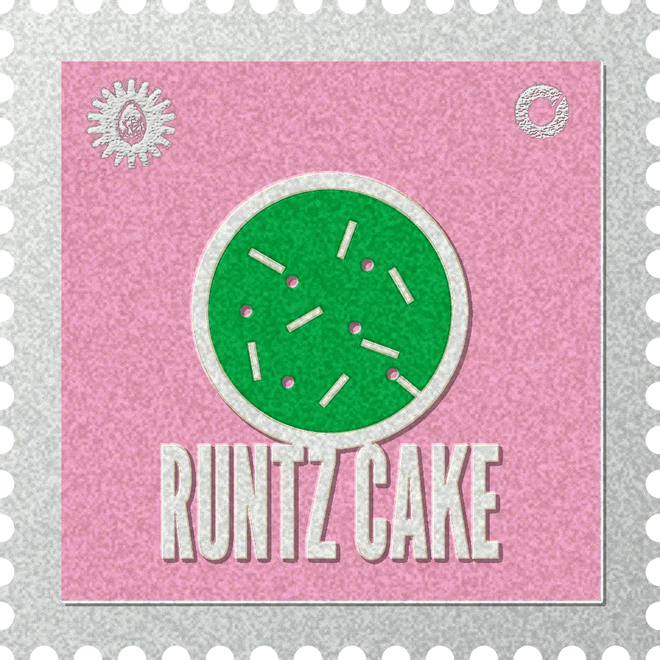 Runtz Cake stamp, No. 70 in the Official Cannabis collection: a round cake from above with a cream rim and sprinkles